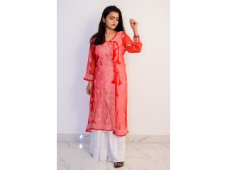 Buy Hand Embroidered Lucknowi Chikan Red & White Georgette Kurti