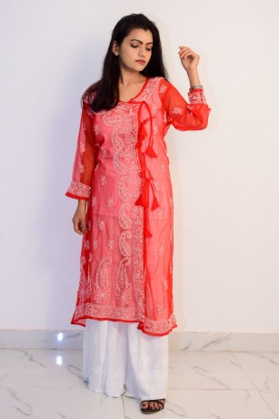 buy-hand-embroidered-lucknowi-chikan-red-white-georgette-kurti-big-0